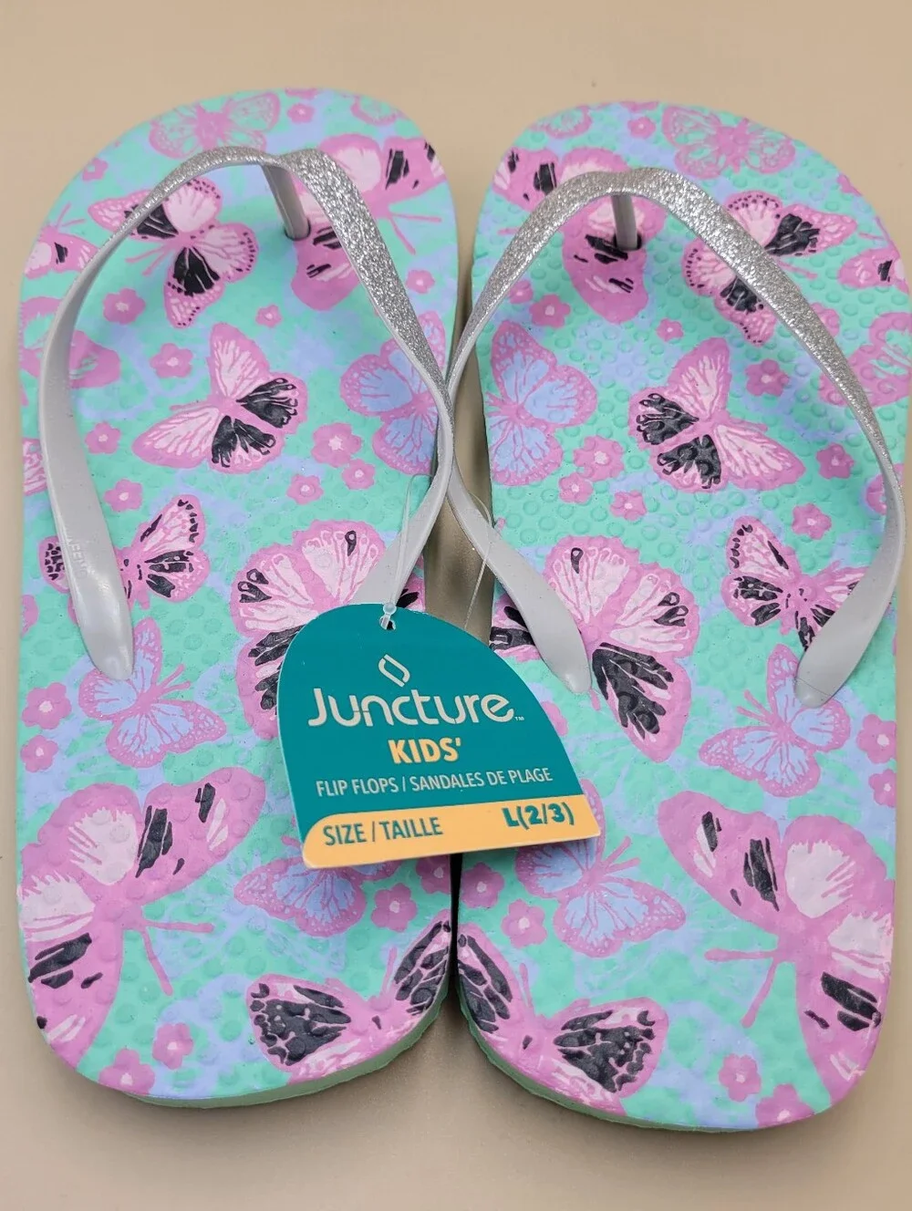 Kids Sz‎ L 2/3 Purple Teal Butterflies With Glitter Straps Flip Flops Beach Pool